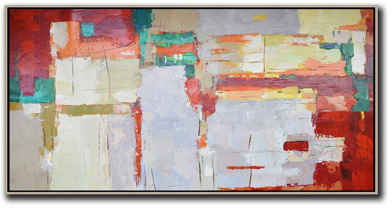 Large Abstract Art Handmade Painting,Horizontal Palette Knife Contemporary Art,Hand Painted Original Art,Purple Grey,Red,Yellow,Green.etc